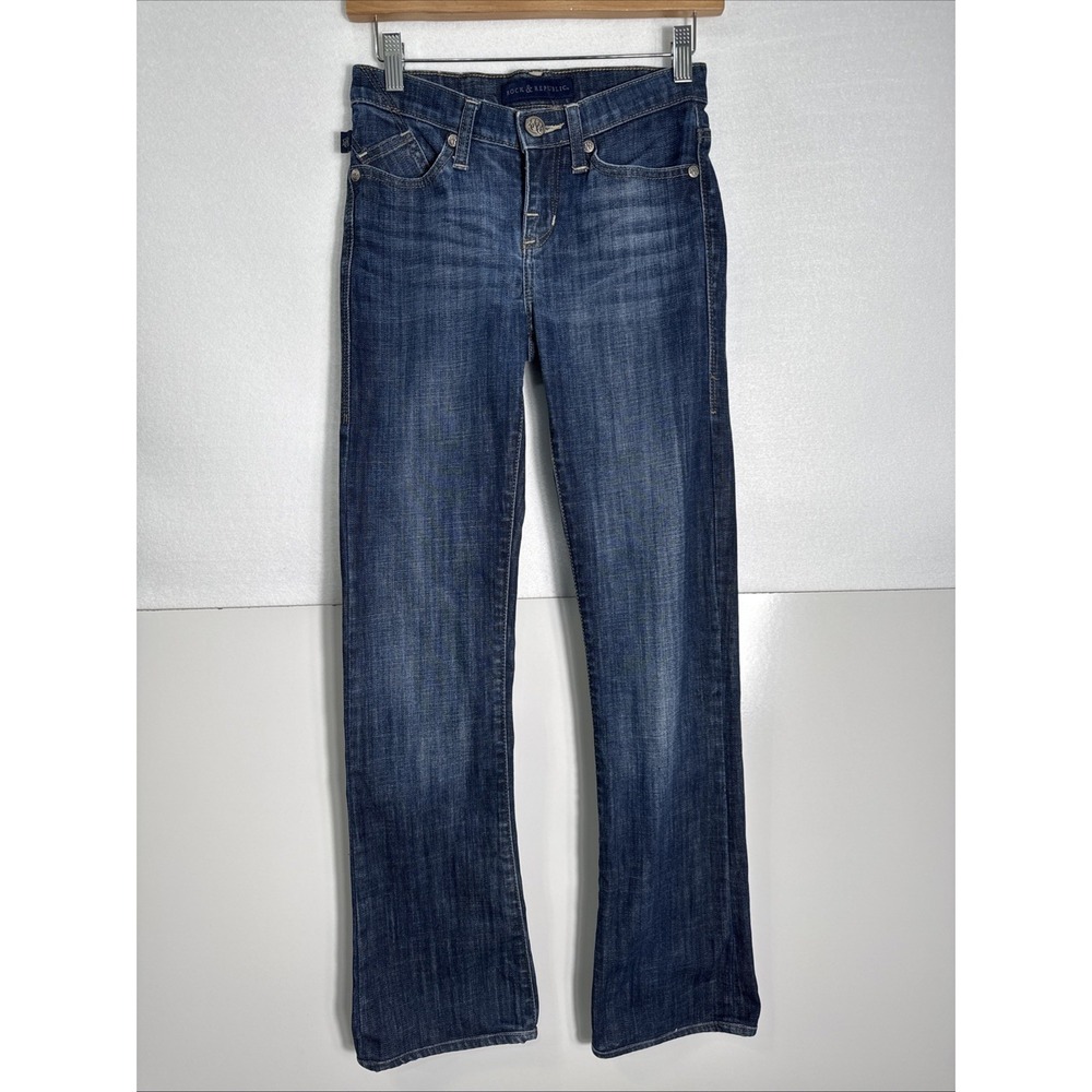 Rock & Republic Sz 2 Kasandra Blue Denim Boot‎ Cut Jeans Embroidered Pockets